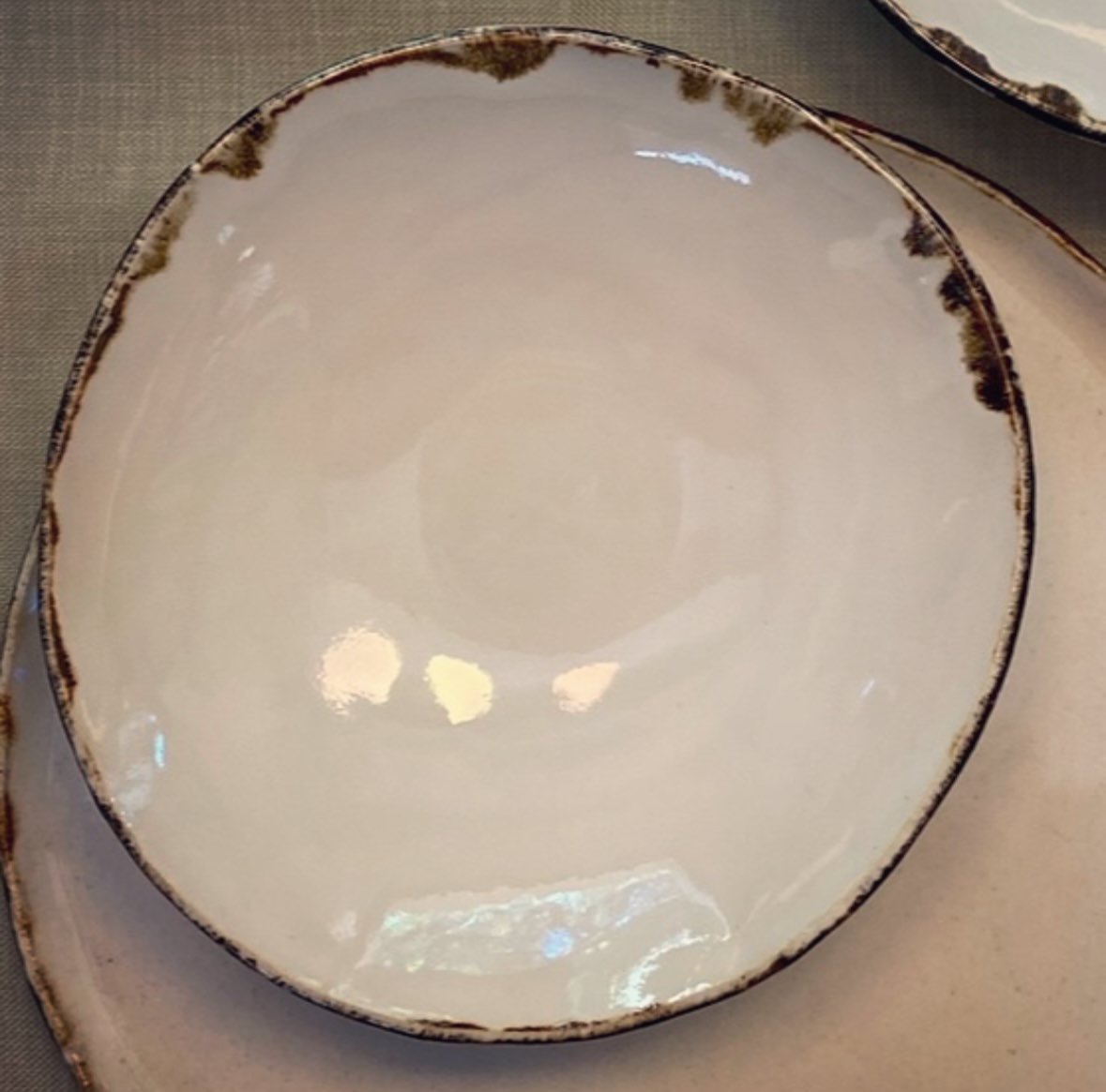 The Halo Collection | Overview of Opal White with Brown Edging Dining Plates and Bowls | Tor Pottery