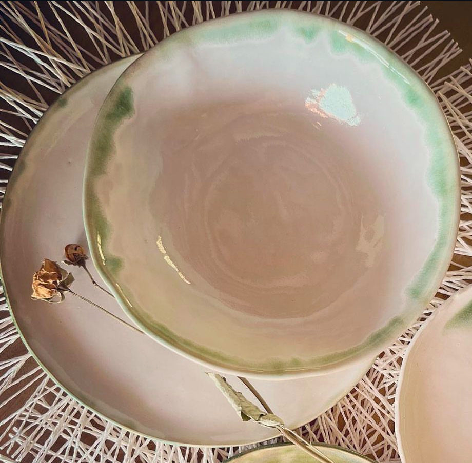 The Halo Collection | Opal White with Green Edging Dining Plates and Bowls | Tor Pottery