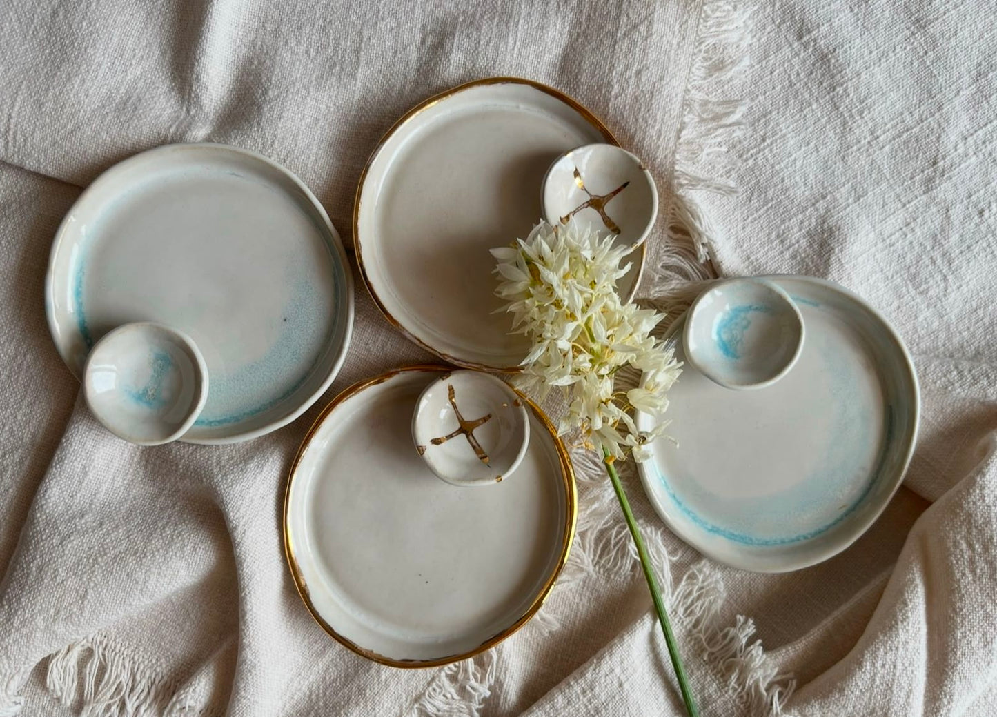The Home Collection | Gold Edged & Opal White with Blue Jewellery Dishes | Tor Pottery