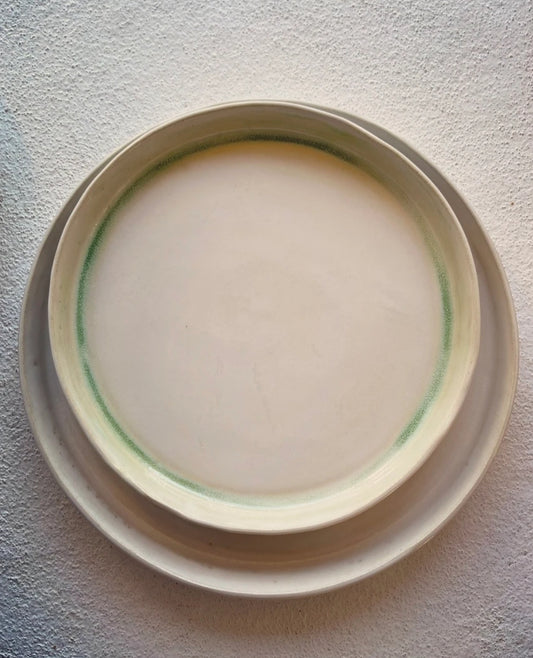 The Farm Collection | Opal White Plates with Green Edging | Tor Pottery
