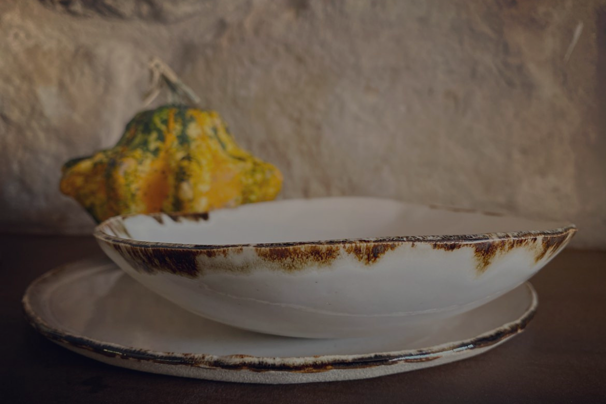 The Halo Collection | Opal White with brown Edging Dining Bowls & Plates | Tor Pottery