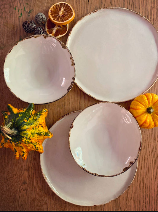 The Halo Collection | Opal White with Brown Edging Dining Plates | Tor Pottery