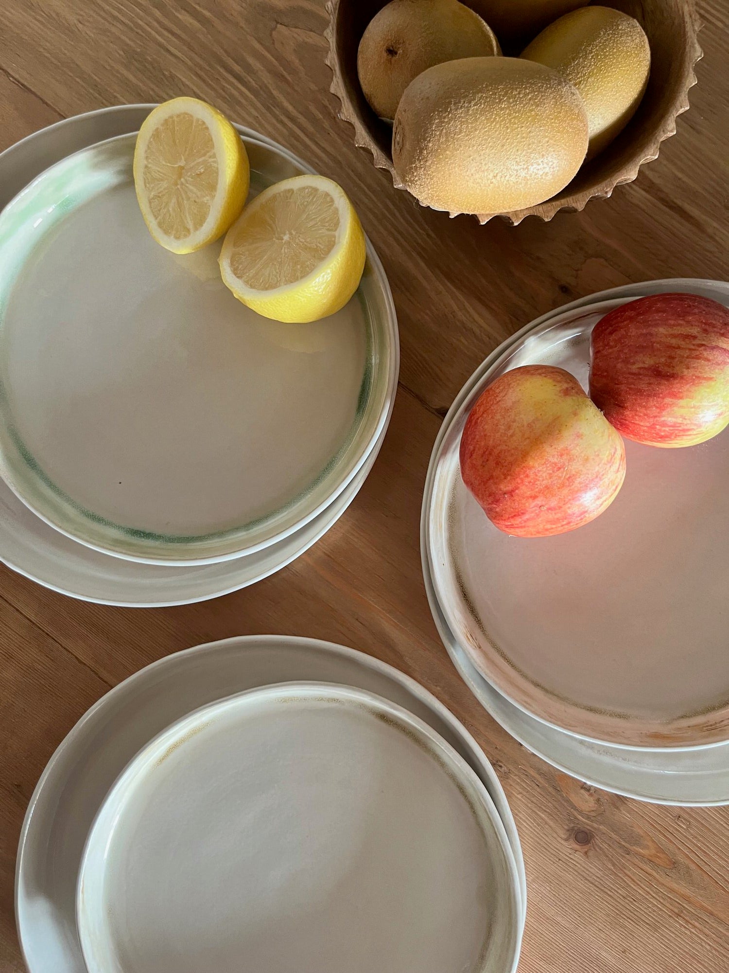 The Farm Collection | Opal White Plates with Green and Brown Edging | Tor Pottery