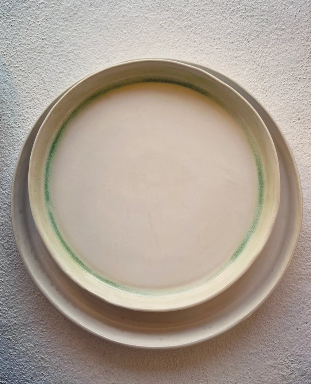 The Farm Collection | Opal White Plates with Green  Edging | Tor Pottery