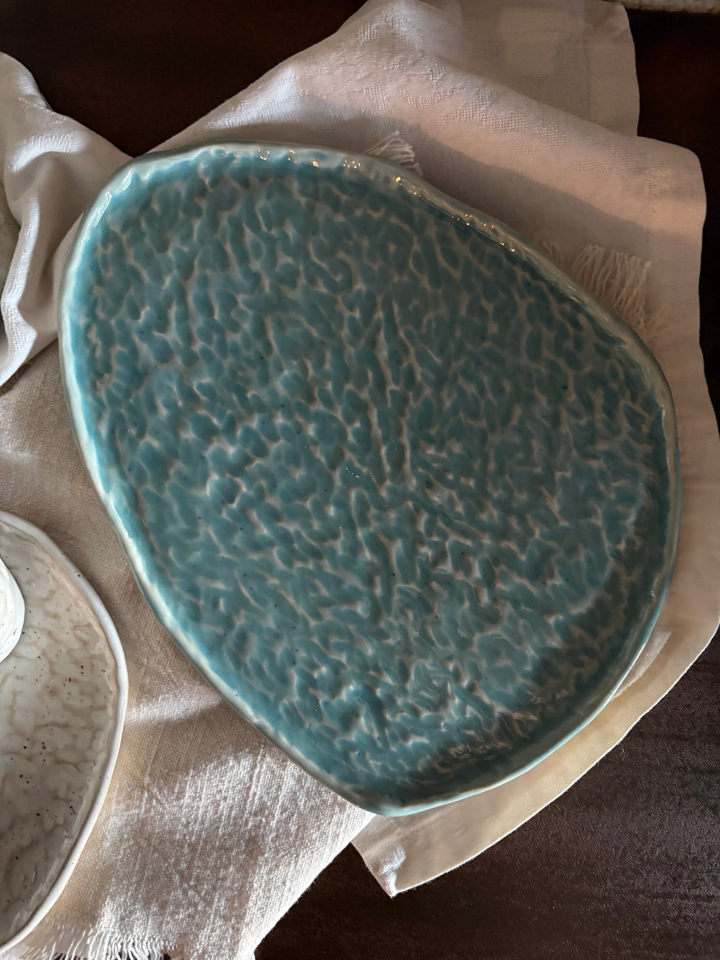 The Mar Collection | Aqua Dining Pebble Dash Serving Plates | Tor Pottery
