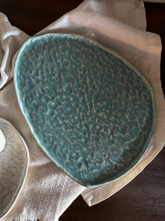 The Mar Collection | Aqua Dining Pebble Dash Serving Plates | Tor Pottery
