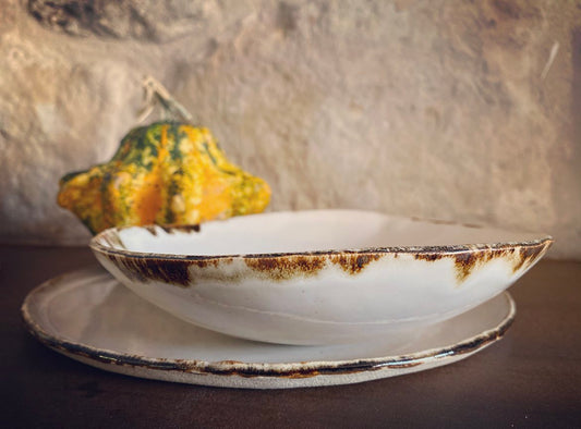 The Halo Collection | Side view of Opal White with Brown Edging Dining Plates and Bowls | Tor Pottery