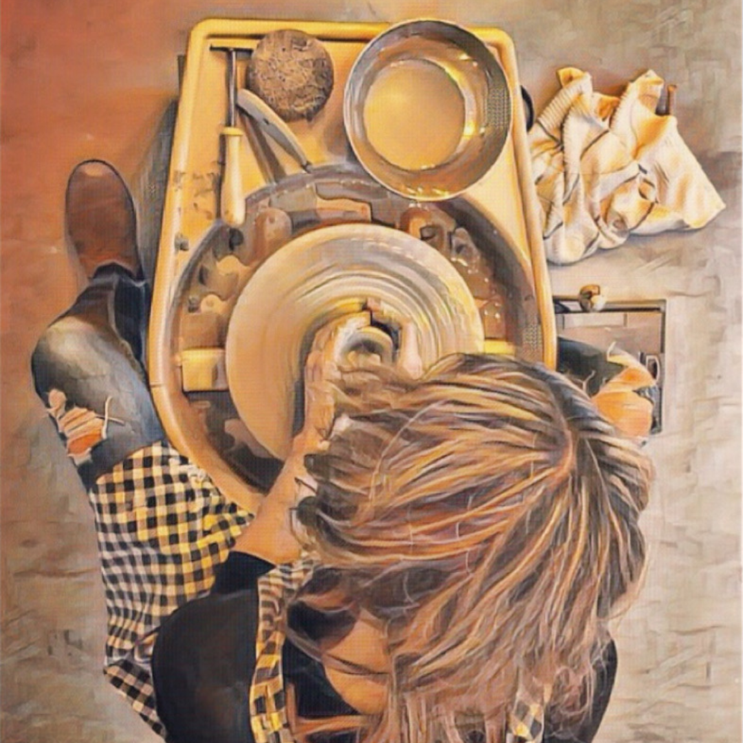 Tory Sacristan | Overhead View of Tory working on her Pottery Wheel | Tor Pottery 
